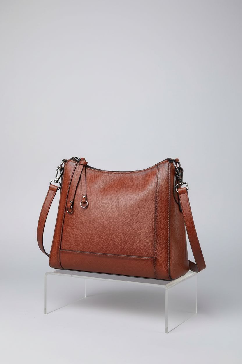 Detailed view of GKOKG cognac leather shoulder bag highlighting craftsmanship and texture.