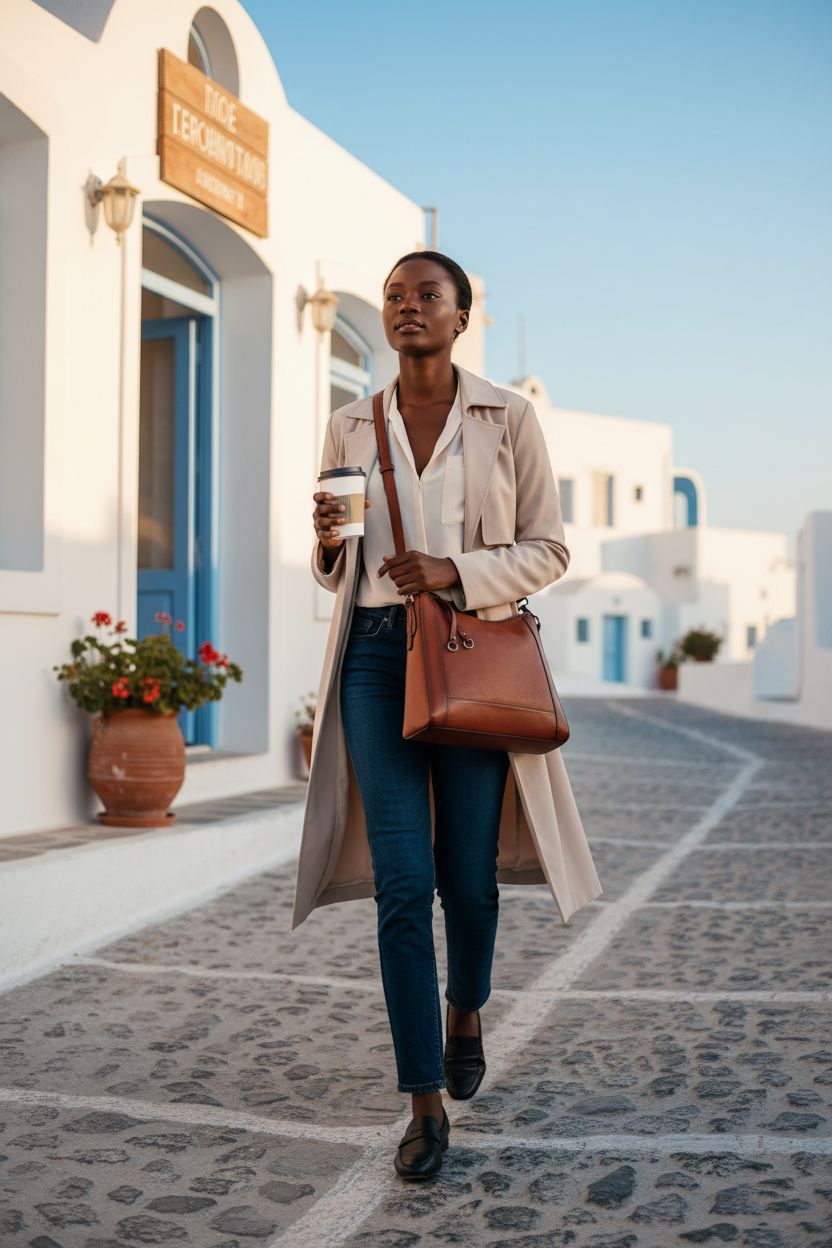 Cognac leather crossbody bag by GKOKG, perfect for a day out, styled with casual wear.