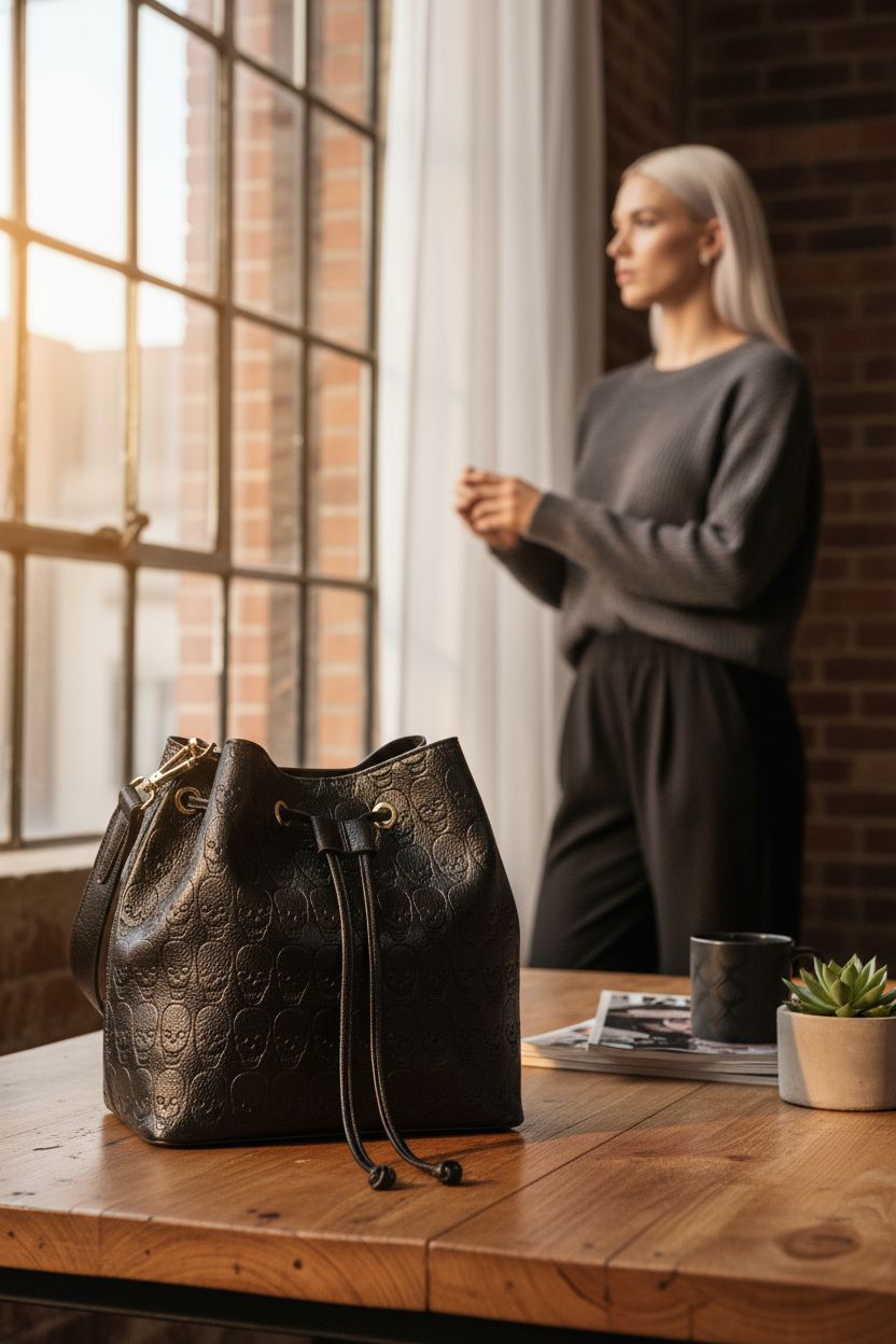 Cozy ambiance with MICOM leather skull purse alongside design magazines.