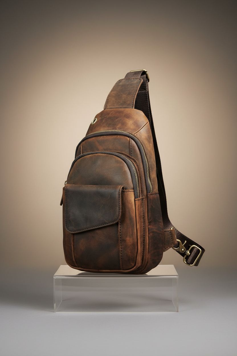 Detailed view of Le'aokuu leather sling bag in dark brown, showcasing its premium material and design features