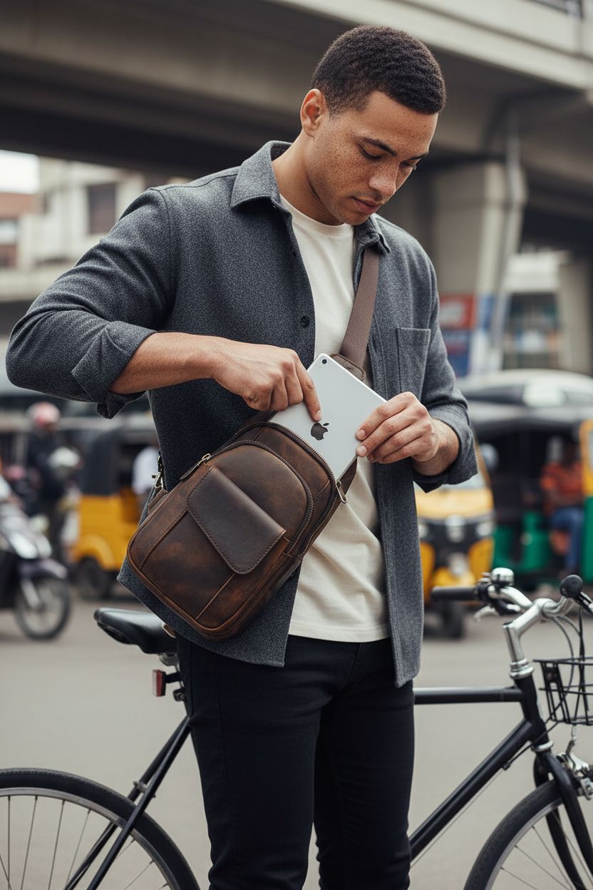 Le'aokuu leather sling bag showcased on a bike commuter unzipping the main compartment, ideal for daily use