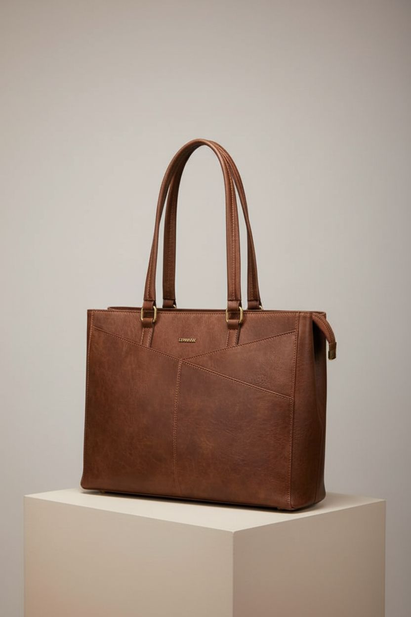 LOVEVOOK leather tote bag displayed on a stone plinth, highlighting its quality and features.