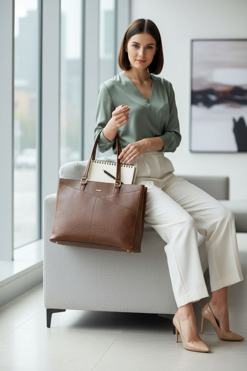 LOVEVOOK laptop tote bag open, showcasing padded sleeve and planner in a modern lobby.