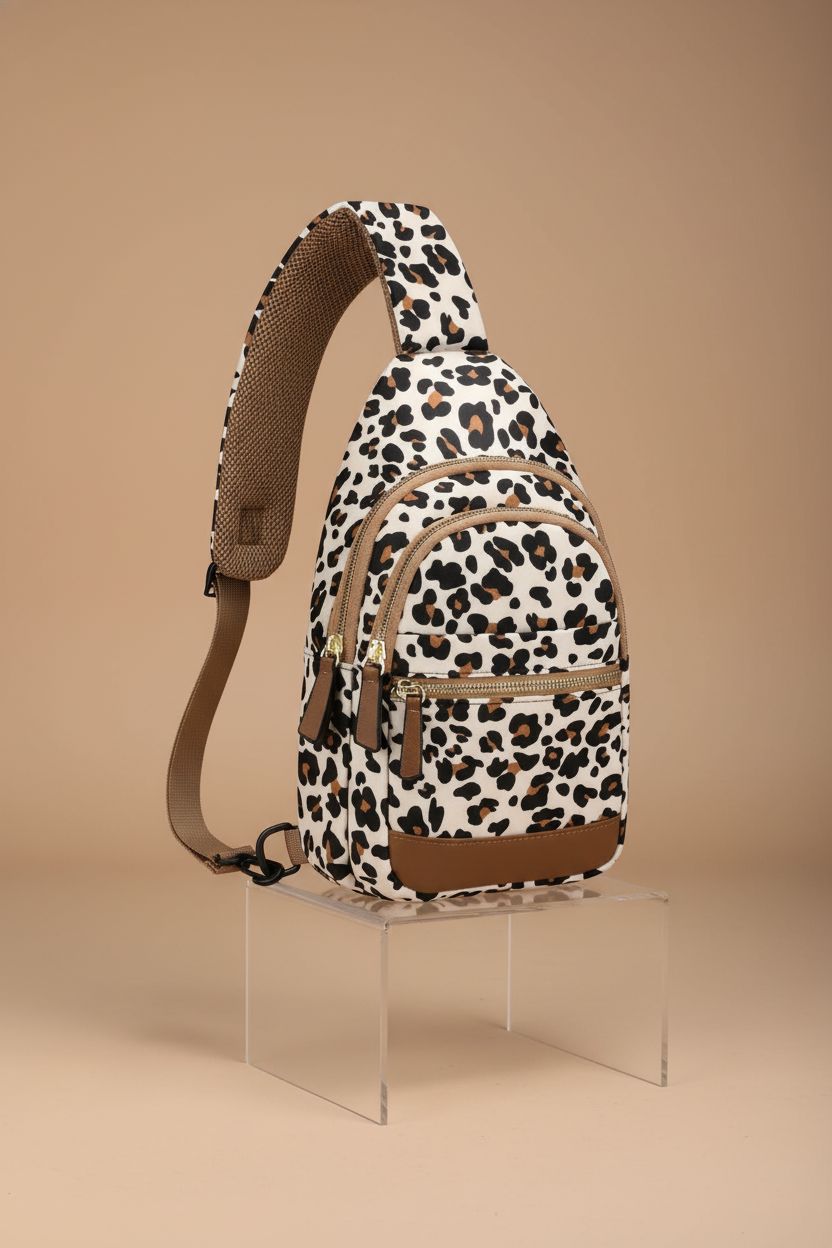 Capolo leopard crossbody bag on a clean backdrop, highlighting its design and functional features.