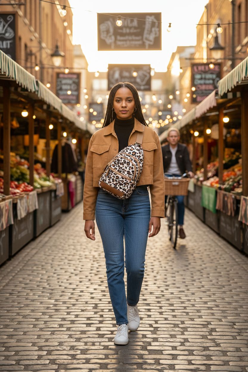 Capolo leopard crossbody bag displayed stylishly against a market backdrop, perfect for casual outings.