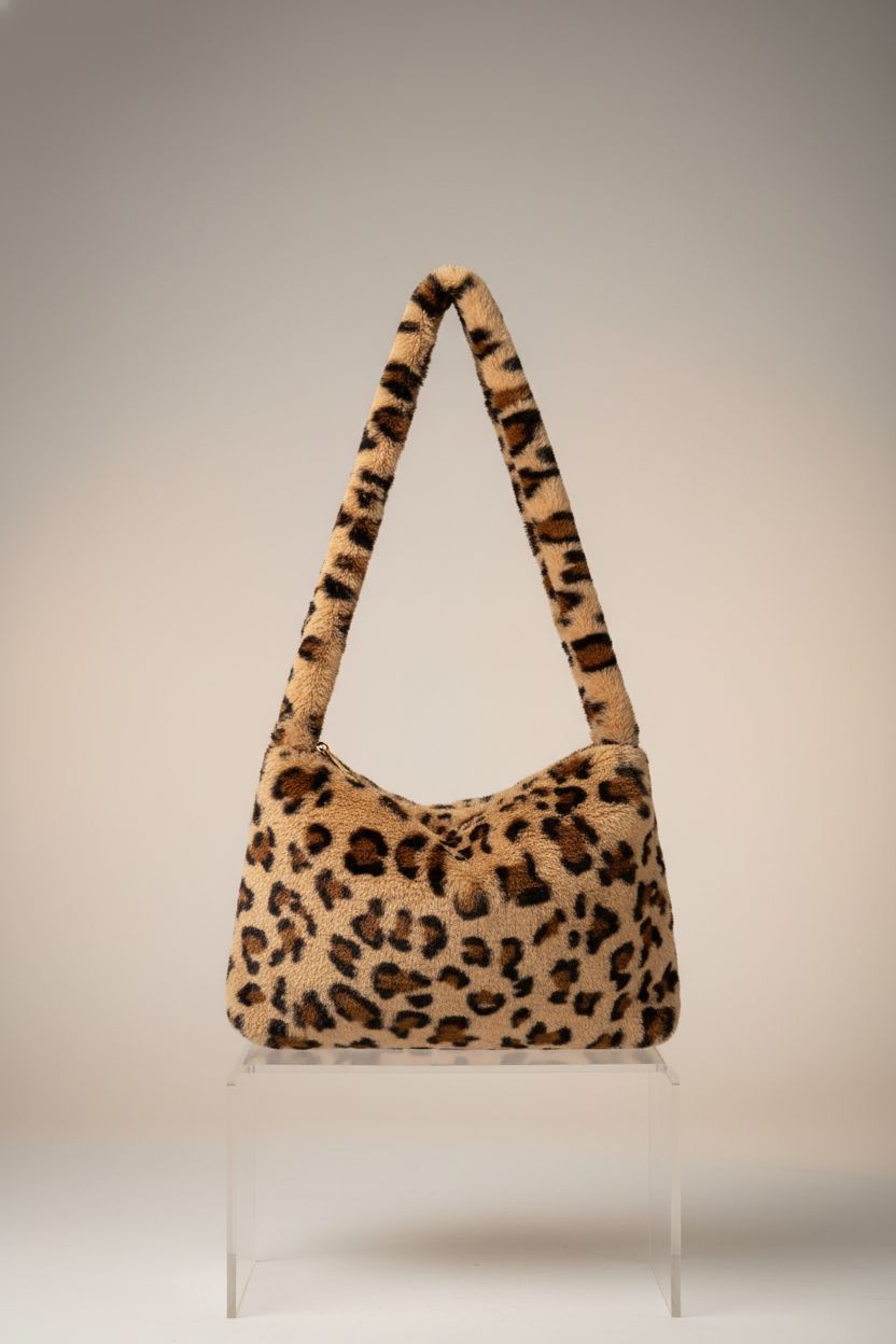 KPX leopard print fluffy tote bag, showcasing its plush fabric and quality details
