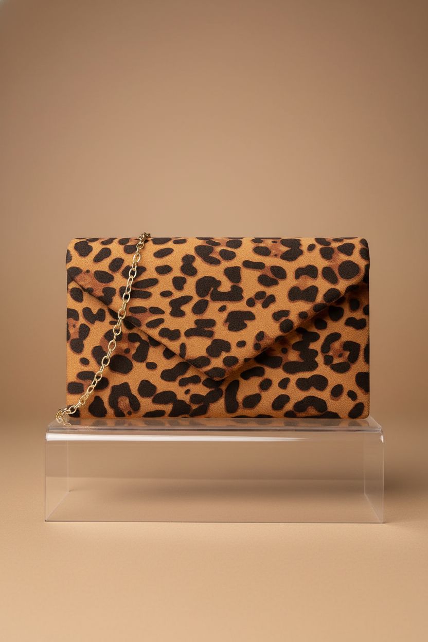 BBjinronjy leopard clutch purse on acrylic riser, highlighting its pleated design and magnetic flap closure.