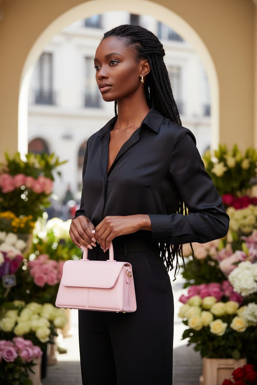 Tyhtljch light pink purse stylishly held at an outdoor flower stand.