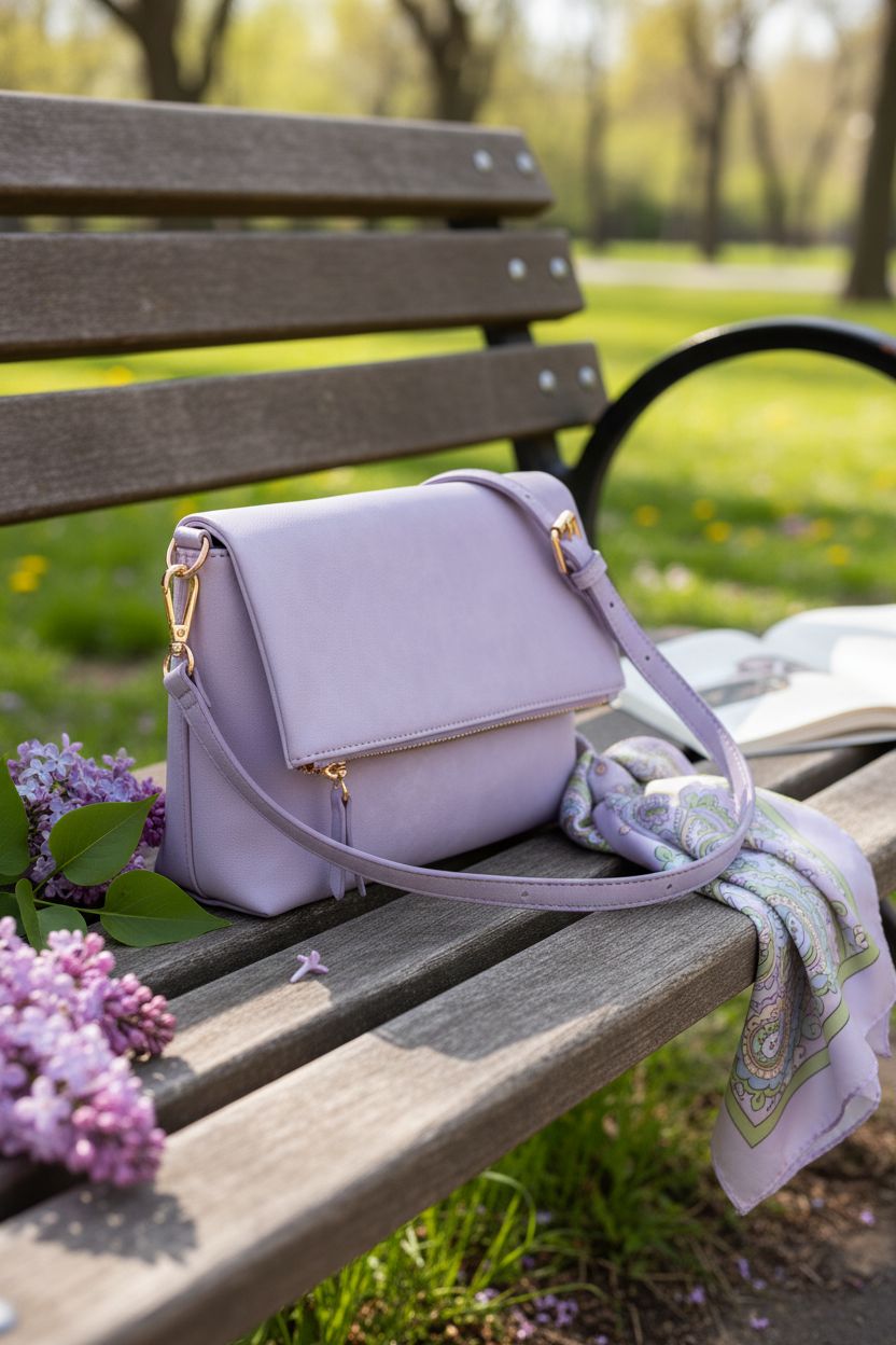Gladdon light purple purse resting on a wooden bench surrounded by lilac blossoms in a tranquil park.