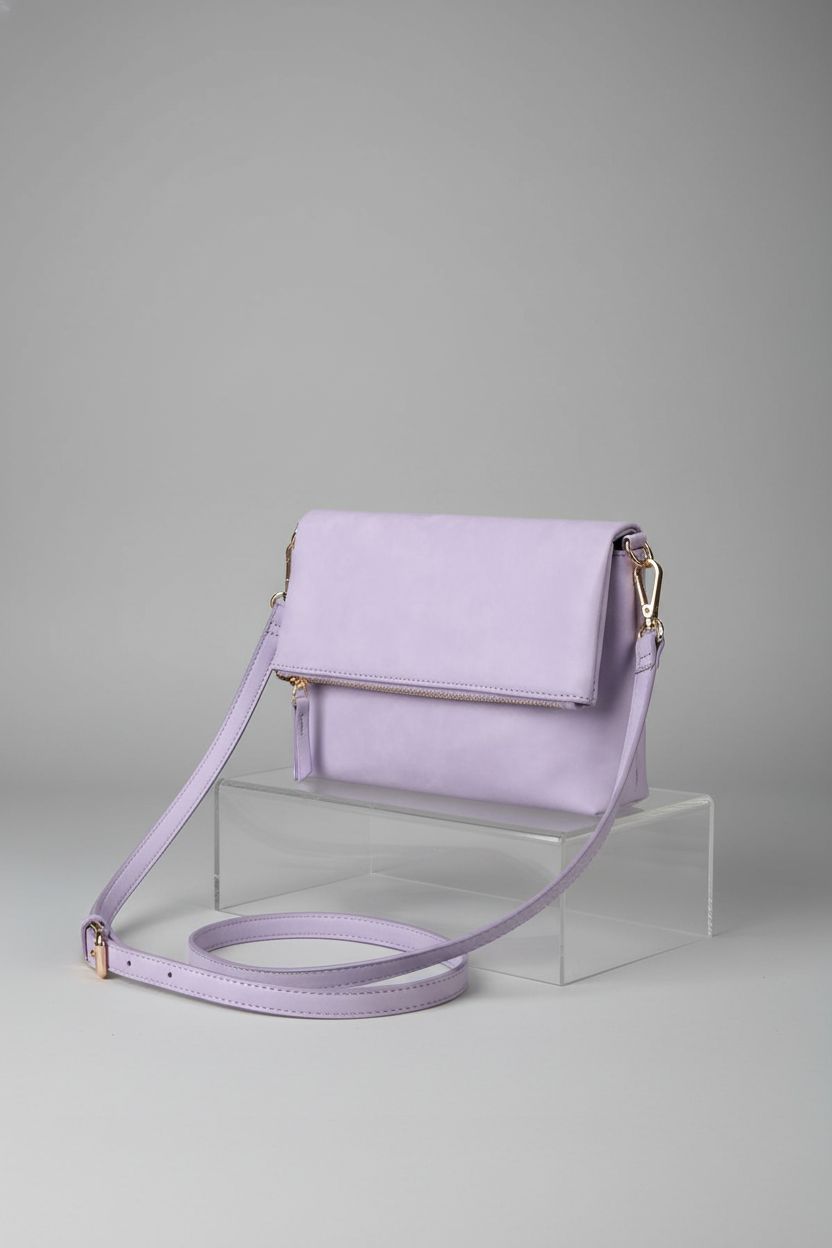 Gladdon pastel violet purse displayed on a clean surface highlighting its gold hardware and detailed stitching.