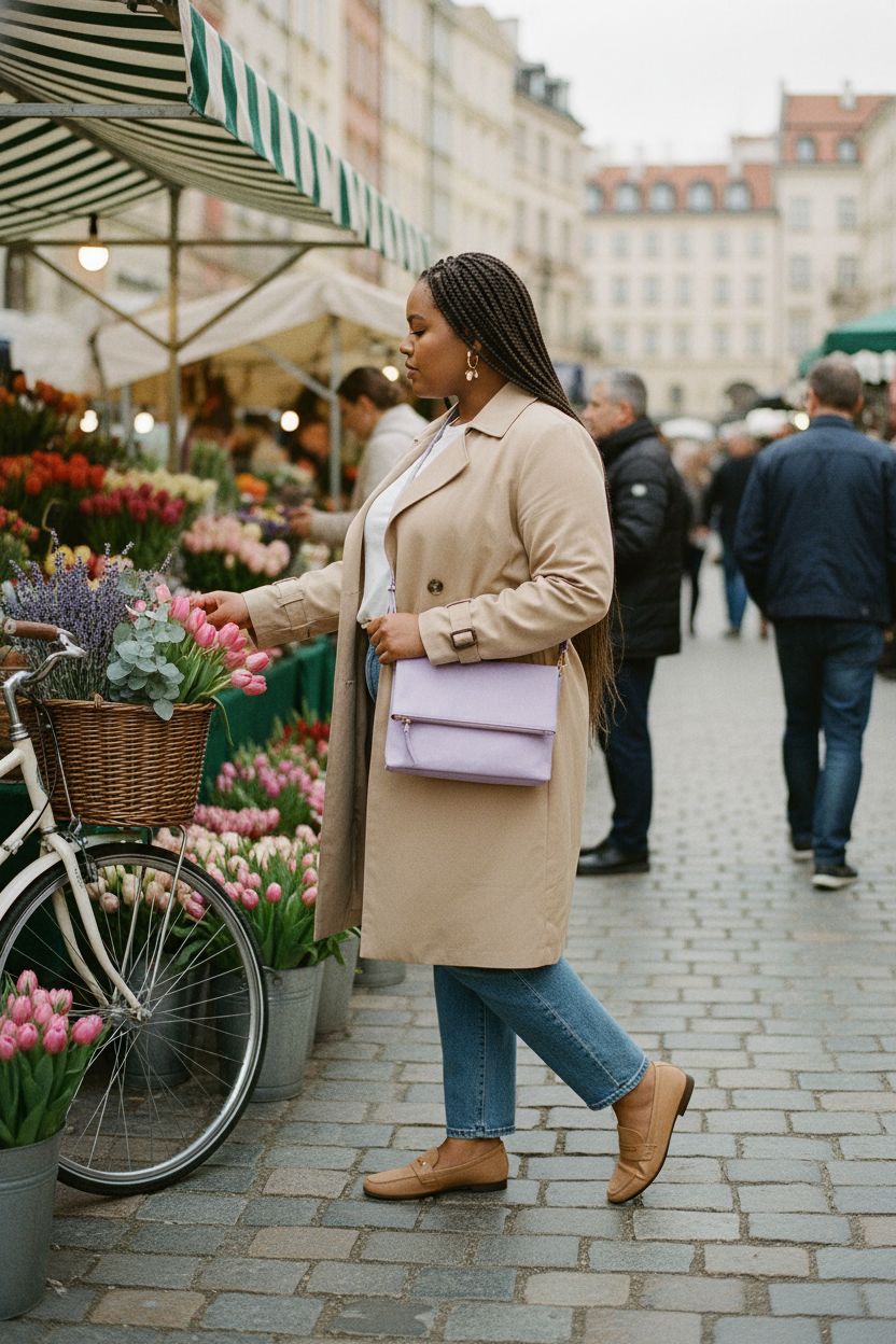 Gladdon pastel violet crossbody purse worn hands-free at a vibrant flower market, showcasing spring style.