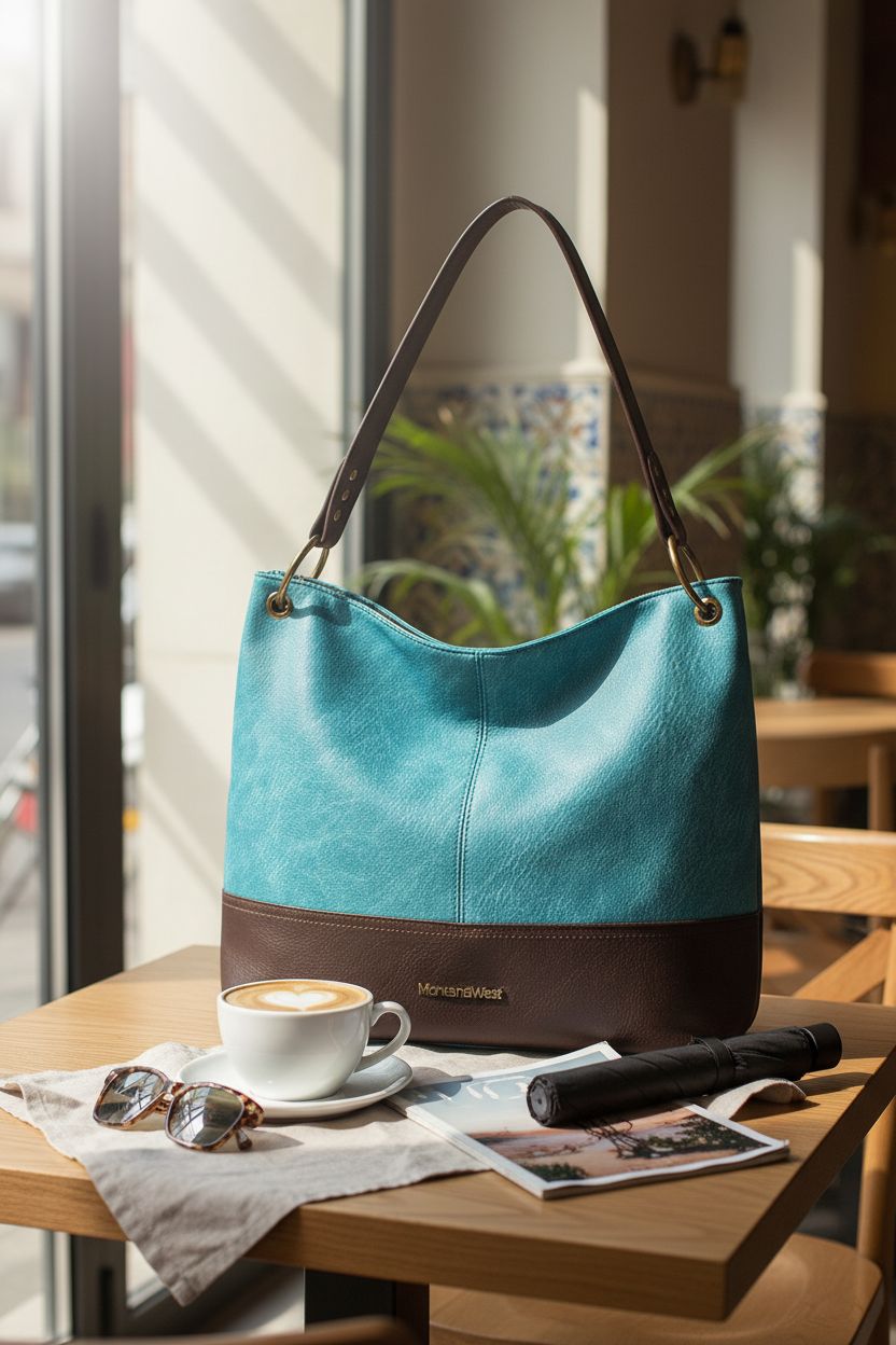 Montana West hobo bag elegantly placed in a café setting, highlighting travel-ready essentials.