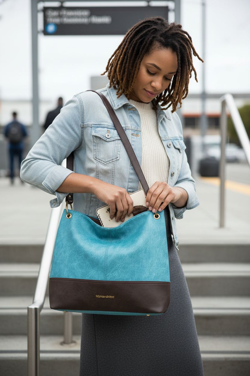 Montana West lightweight hobo bag in turquoise and brown, stylishly held while adjusting accessories.