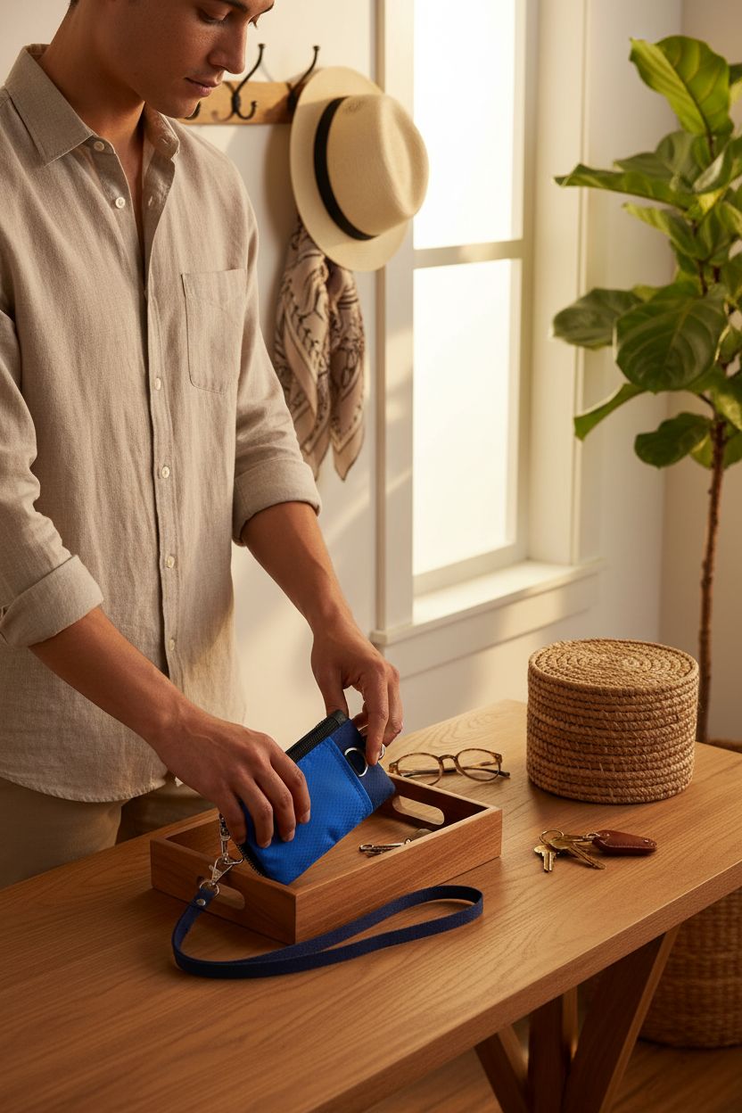 TATAANTY navy wallet in cozy entryway, great for seniors' daily use