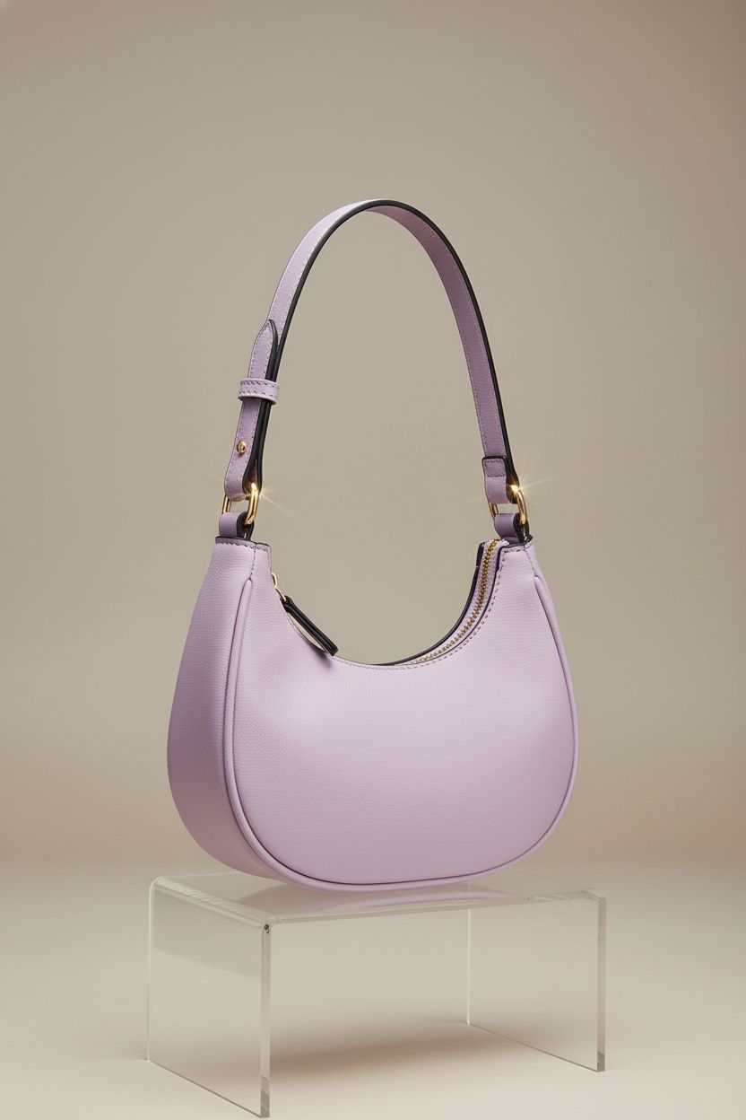 FashionPuzzle lilac crescent bag showcasing smooth design and gold accents