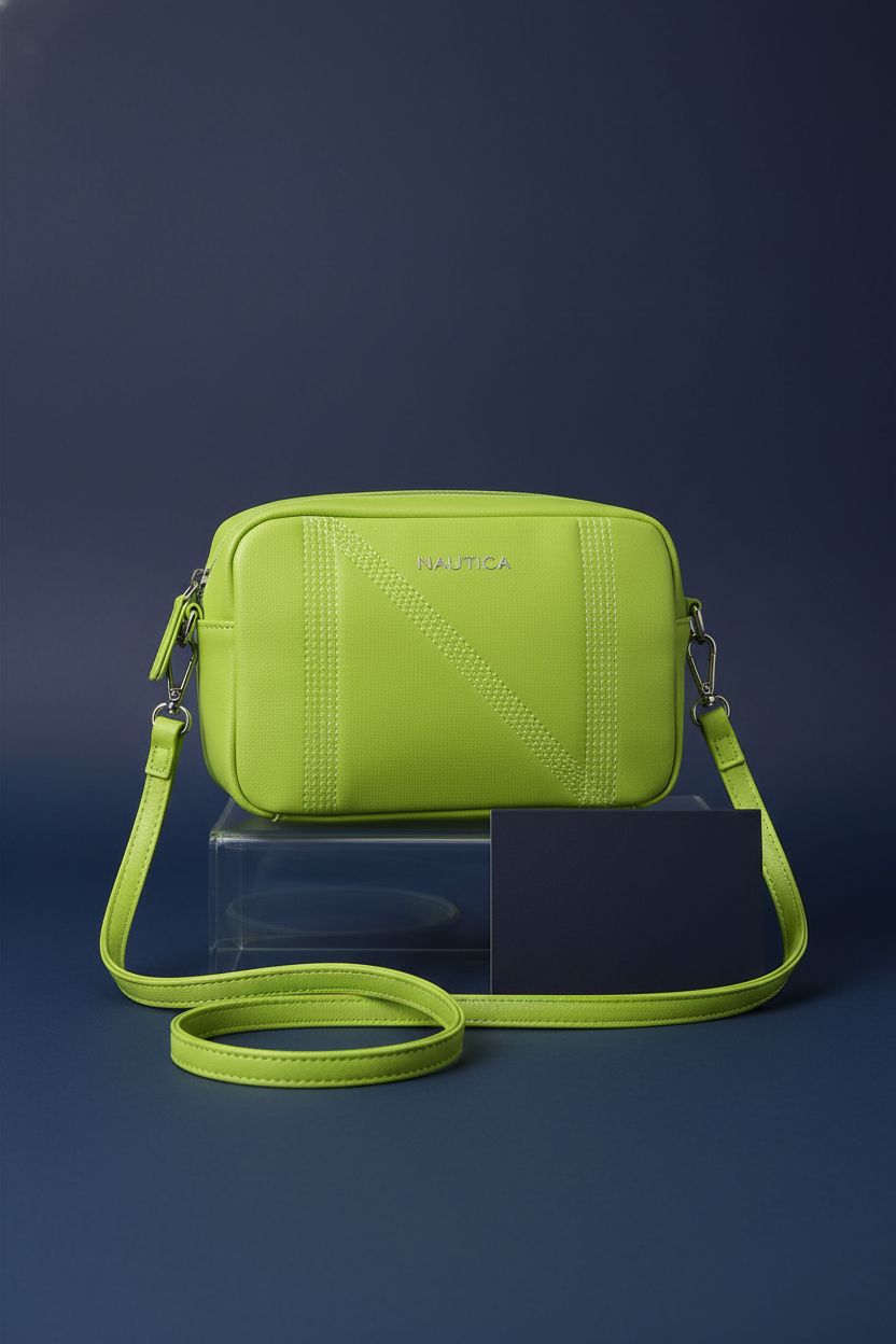 Close-up of Nautica lime green crossbody purse on a navy background, highlighting its design and texture.
