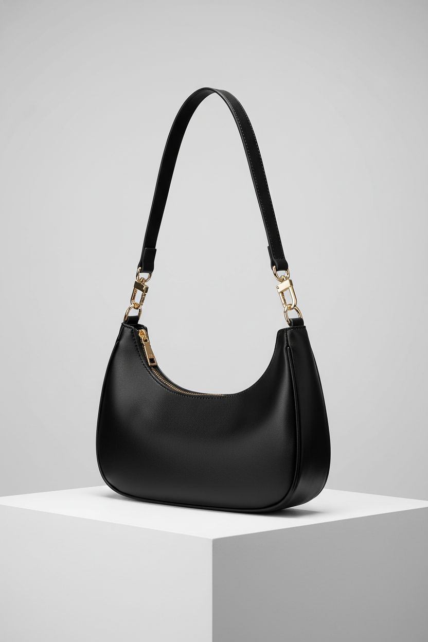 Close-up of SYXLCYGJ little black bag showcasing its refined design and zipper details on a minimal set.