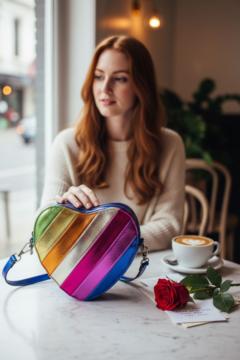 Cozy cafe scene featuring NPJGKY heart bag, latte art, and a single rose, evoking romance.