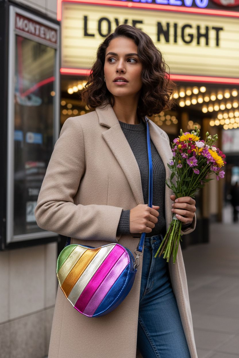 Rainbow patchwork heart-shaped shoulder bag by NPJGKY, stylish and trendy for any outing.