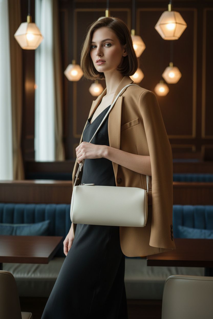 DONNAIN full-grained leather crossbody purse in stylish hotel lounge setting