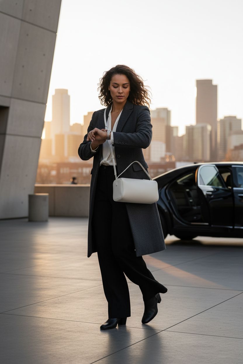 DONNAIN white crossbody bag against modern art museum backdrop