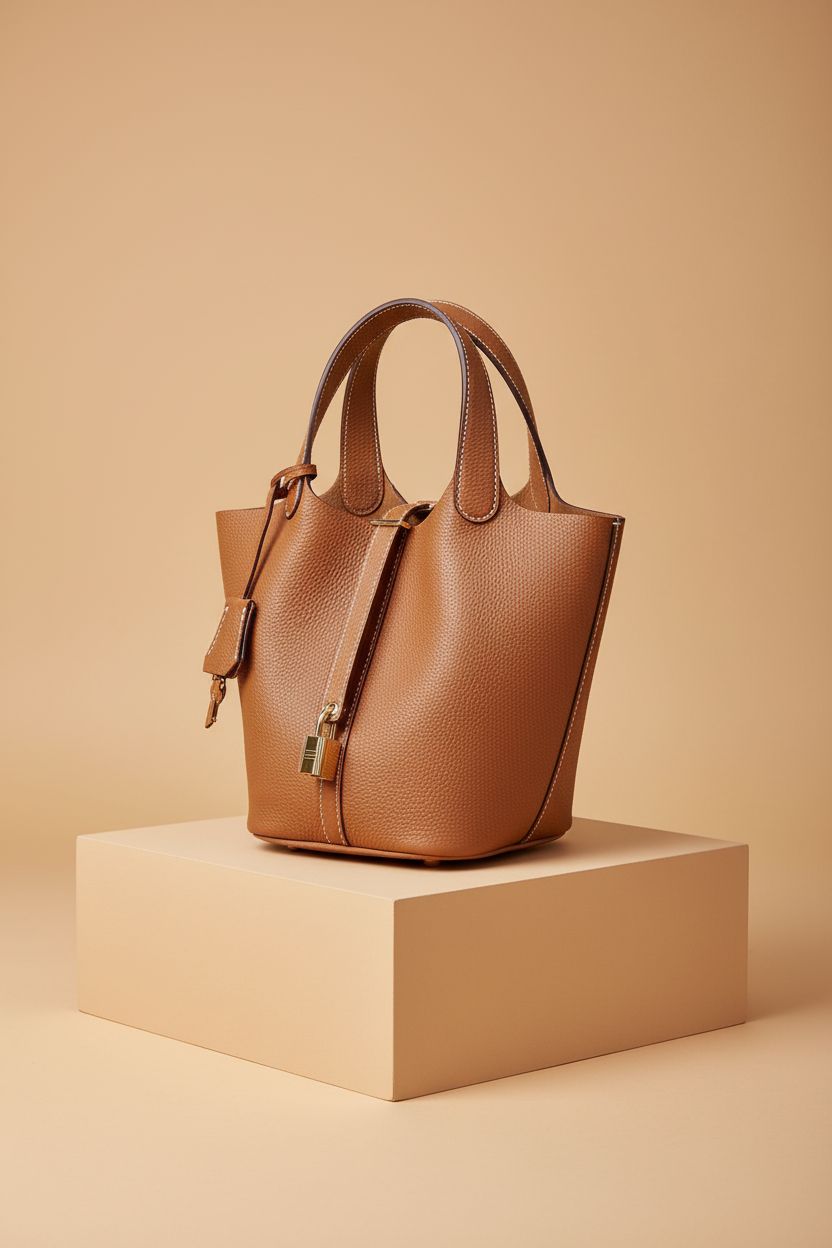 Hedexe brown leather bucket bag on minimalist riser, showcasing premium craftsmanship and design.