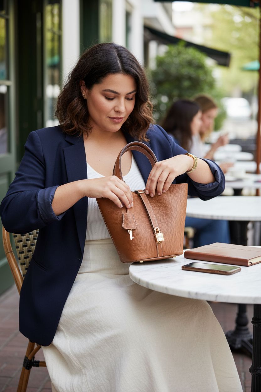 Hedexe brown leather bucket bag at luxury hotel entrance, perfect for stylish travel.