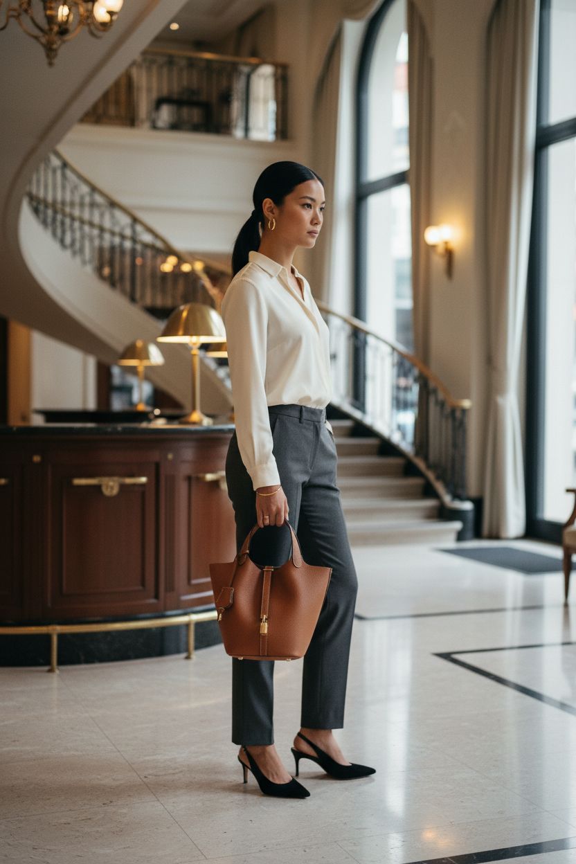 Hedexe brown leather bucket bag elegantly displayed at upscale café, ideal for chic outings.