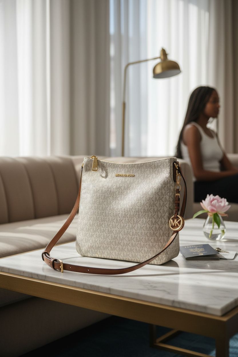 Michael Kors Jet Set Large Messenger Bag resting on a marble table, exuding elegance in a hotel suite.