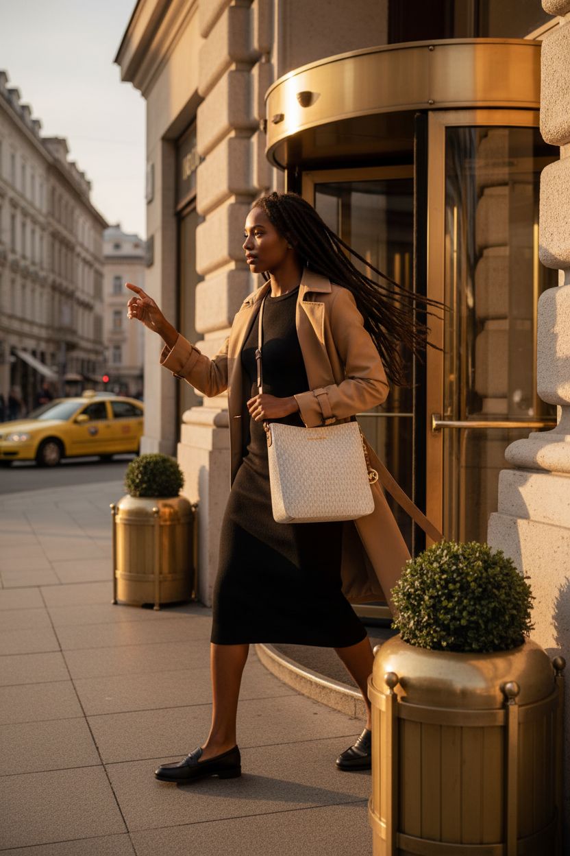 Michael Kors Jet Set Large Messenger Bag in Vanilla with gold-tone hardware, stylishly displayed in a luxury hotel setting.