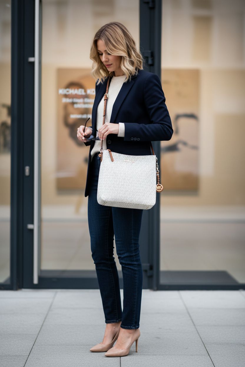 Michael Kors Jet Set Messenger Bag in Vanilla, showcasing gold-tone details, perfect for art gallery outings.