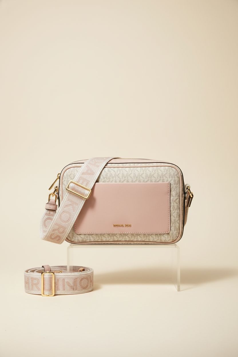 Michael Kors Maeve Large Pocket Crossbody Bag in Vanilla/Soft Pink on a clean studio backdrop, highlighting its features.