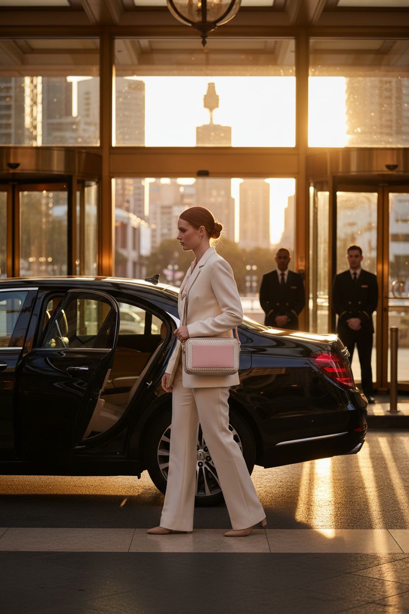 Michael Kors Maeve Crossbody Bag in Vanilla and Soft Pink, showcased at a luxury hotel during golden hour.