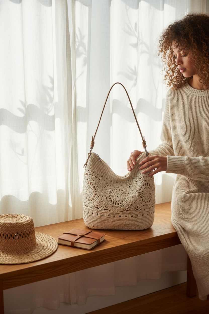 The Sak Sequoia Large Hobo Bag on an oak bench in a cozy cottage nook, perfect for travel and daily use.