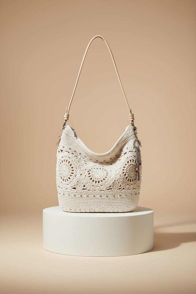 The Sak Sequoia Large Hobo Bag displayed on a pedestal, showcasing its premium leather and detailed craftsmanship.