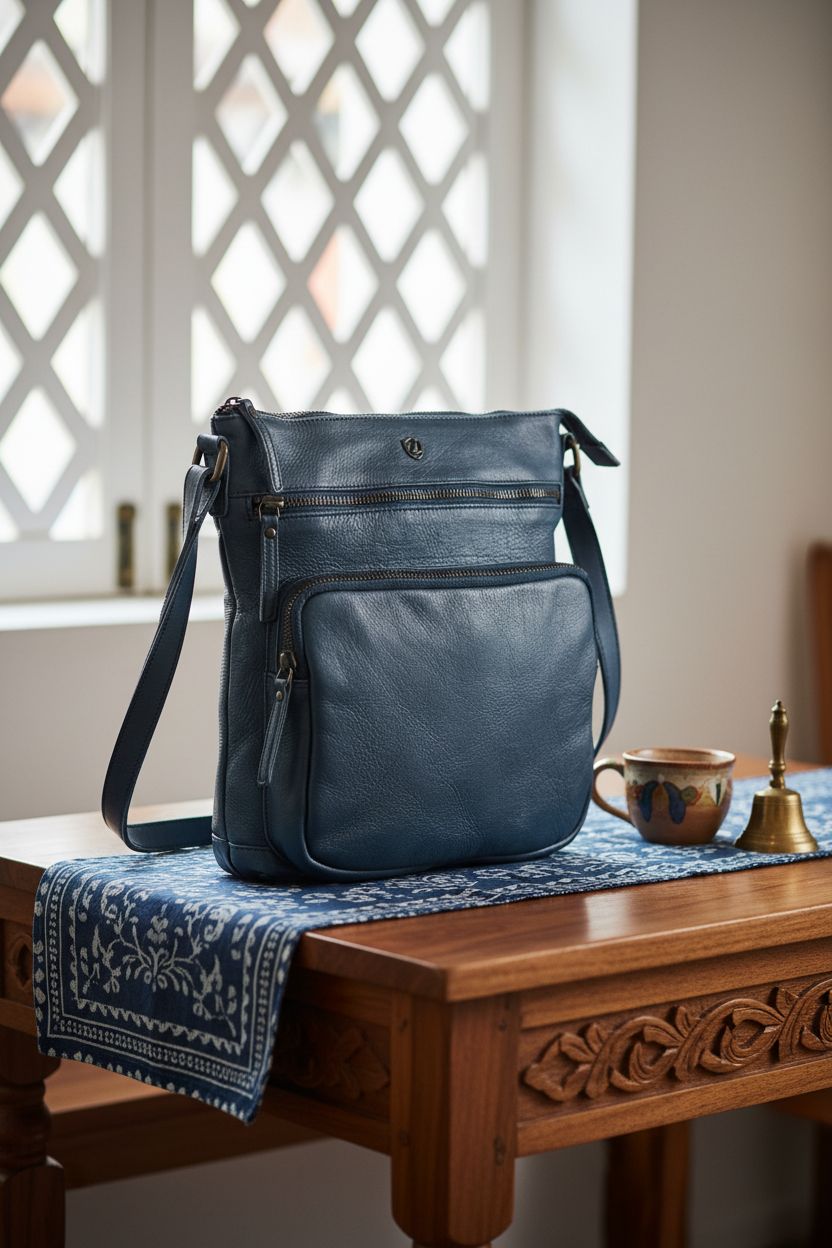 Ocean blue washed vintage leather bag by Cochoa on a cafe table with chai cup, evoking a serene vibe.