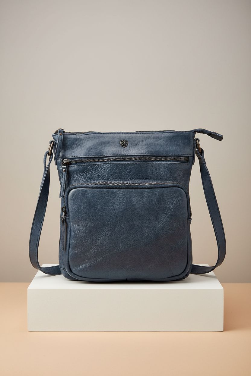 Cochoa's ocean blue leather crossbody bag centered on a clean backdrop, showcasing its elegant design.