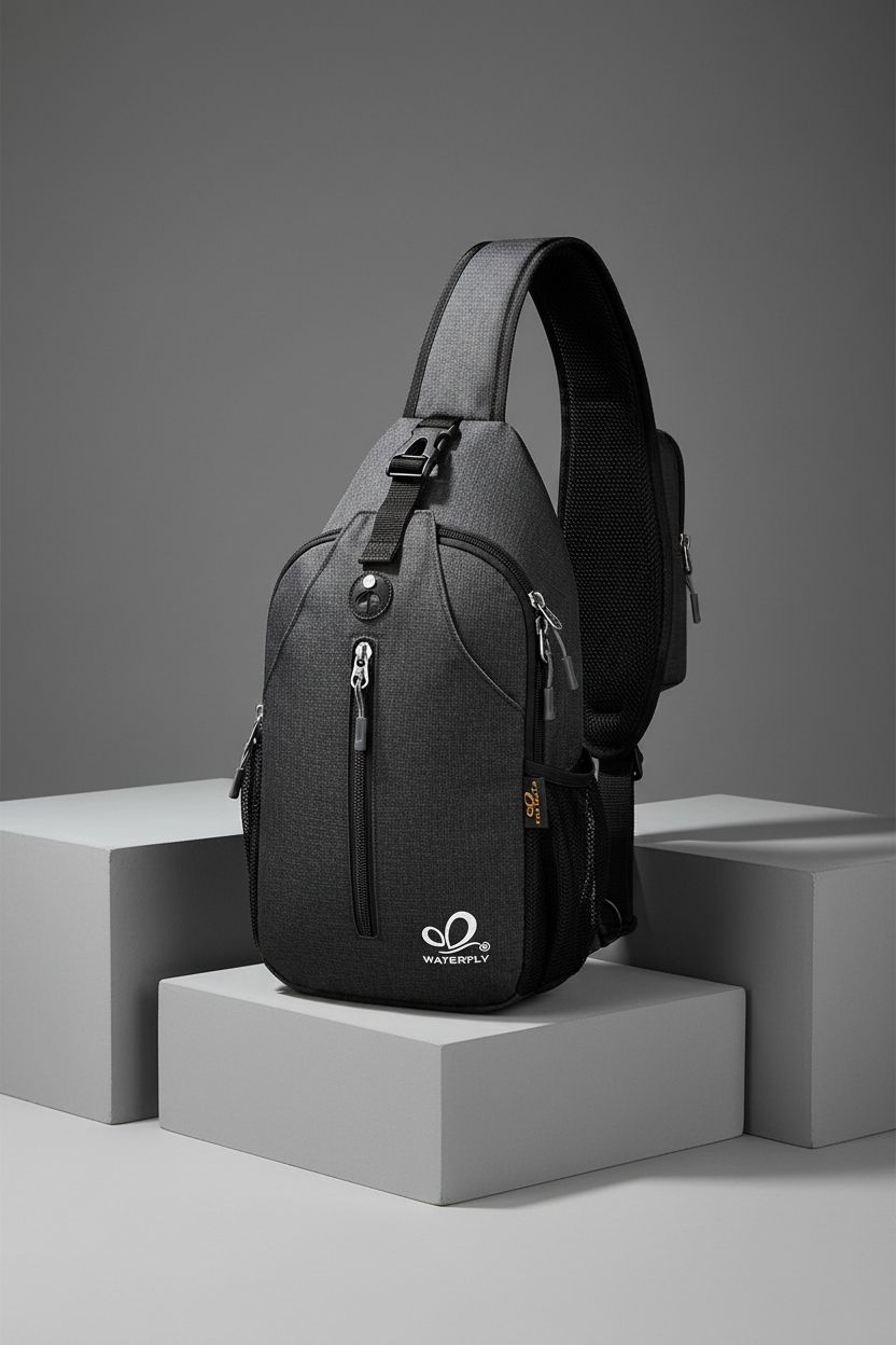 WATERFLY black sling bag showcased in a clean studio setting, emphasizing its sleek design.