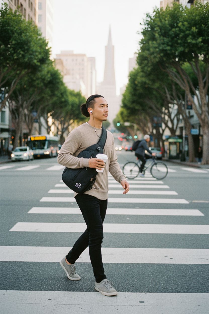 WATERFLY black crossbody sling bag worn in an urban morning setting, perfect for travel.