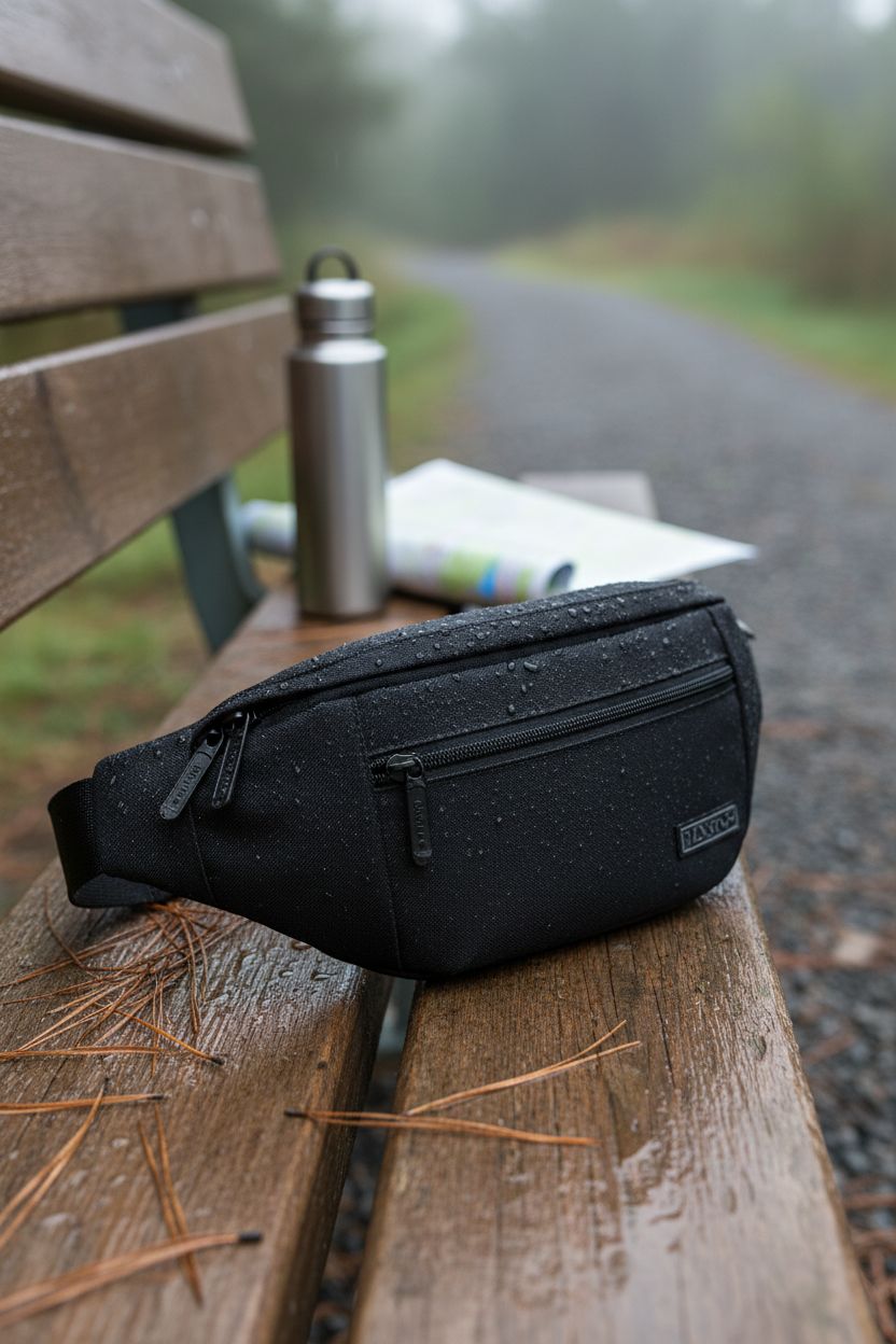 MAXTOP Large Crossbody Fanny Pack resting on a bench at a trailhead, highlighting its durable and water-resistant fabric.