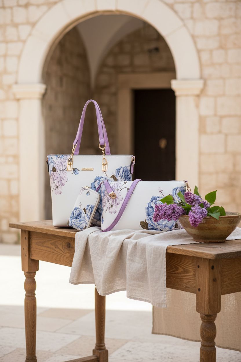 2E-youth floral purse set elegantly arranged on a console with lilac flowers