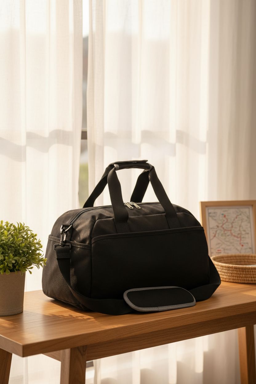 Cozy setting with Ineetatu black gym bag on a console, ready for a gym run, highlighting its design.