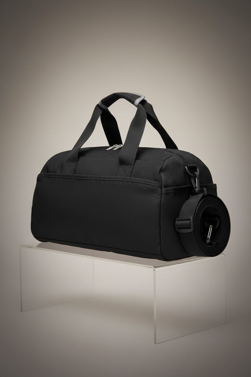 Ineetatu 14-inch black gym bag on a minimal backdrop, showcasing its sleek design and features.