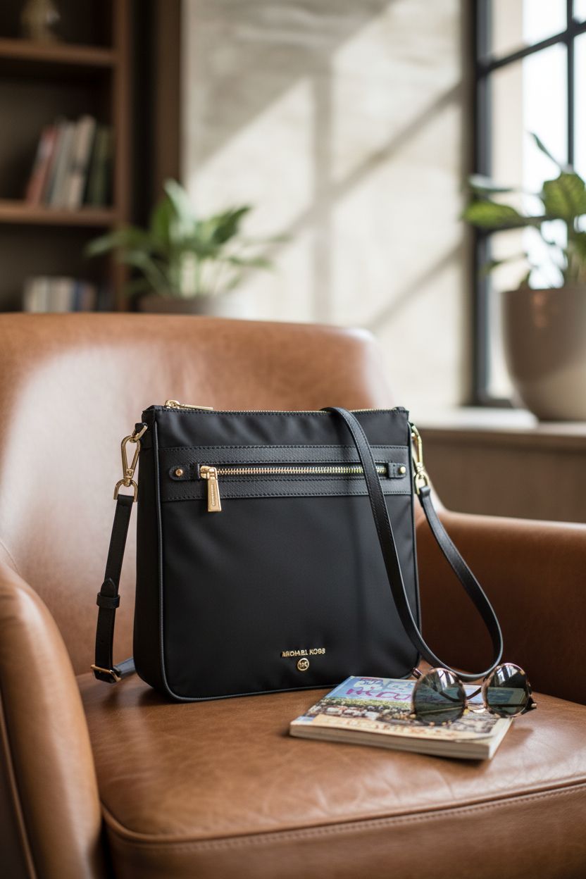 Elegant black crossbody bag by Michael Kors resting on a leather chair, hinting at travel vibes.