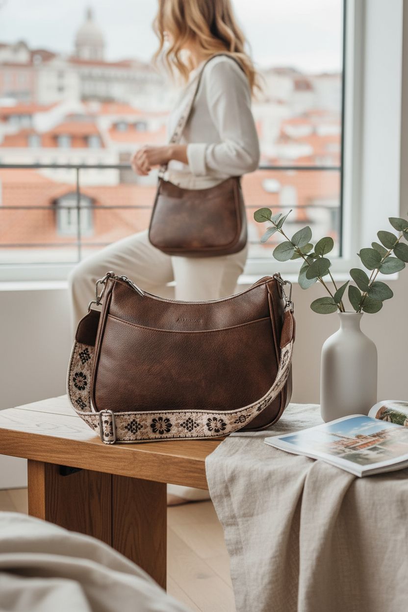 APHISON crossbody purse resting elegantly on a bench in a cozy apartment nook.