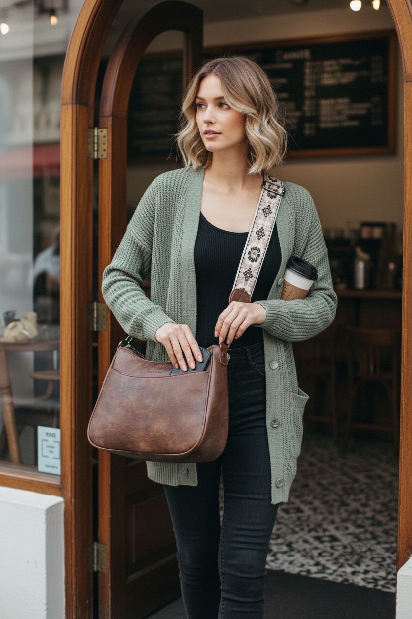 APHISON leather crossbody bag with adjustable strap, styled outdoors at a café.