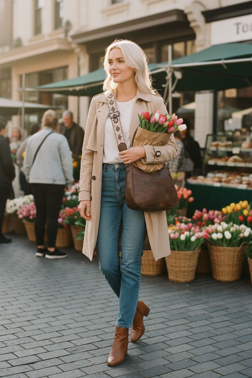 Rich brown vegan leather APHISON crossbody purse at a vibrant farmers' market.