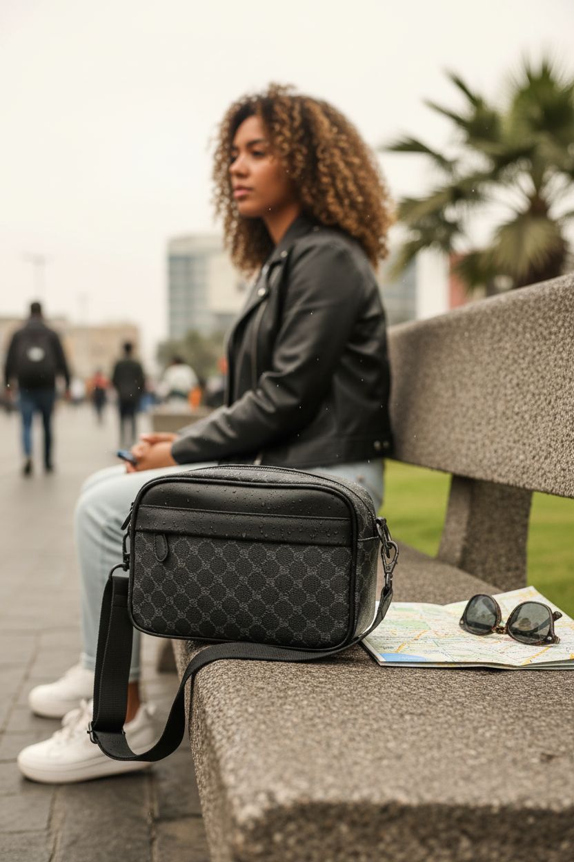 Men's Waterproof Messenger Bag by Hjkiopc, paired with a city map and sunglasses, perfect for travelers.