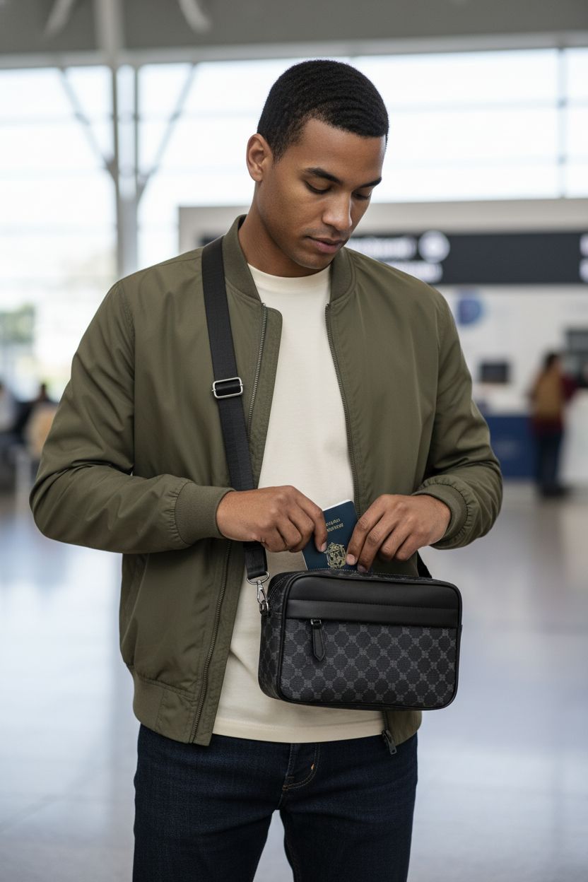 Men's Small Shoulder Bag by Hjkiopc, worn high and secure, perfect for travel.