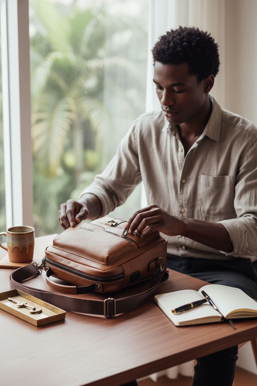 Brown PU leather messenger bag on walnut desk, evoking productivity in home-office - ANPTER vintage style.